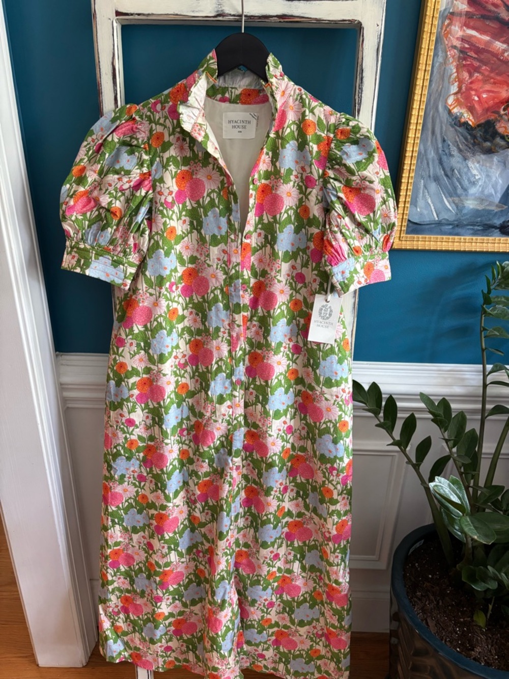 Hyacinth House Floral Puff-Sleeve Cotton Dress - Pink & Green